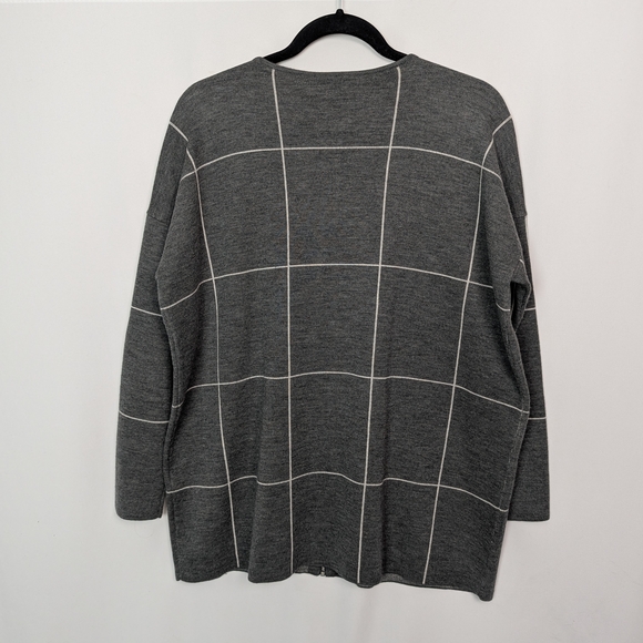 Eileen Fisher SP Sweater Gray Cardigan Full Zip Merino Wool Windowpane Stripes - Picture 2 of 11